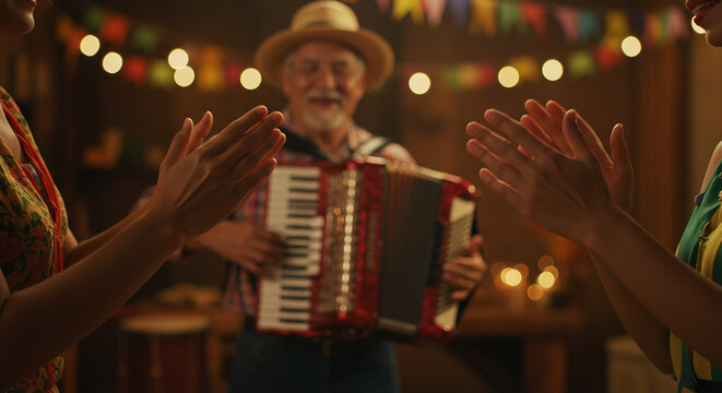 Homem tocando acordeão em uma celebração de Festa Junina, com pessoas dançando, aplaudindo e sorrindo ao fundo, sob bandeirinhas coloridas e luzes festivas