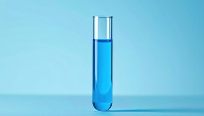 Clear Glass Test Tube Filled with Bright Blue Liquid on a Light Blue Background Scientific Experiment