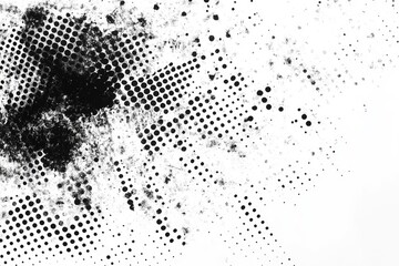 Abstract black ink splatters on white background with halftone dots.  Black ink stains and splatter, dots patterned texture, artistic design
