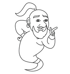 Cute cartoon hand drawn vector smiley genie coloring page.