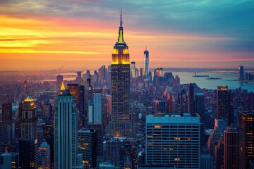 Naklejka premium NYC skyline at golden sunrise