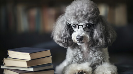 A poodle wearing glasses, sitting near a stack of books, in a dimly lit room.