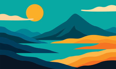 Minimalist Layered Mountain Landscape Background. Abstract Nature Horizon Banner with Sunrise and Smooth Hills. Calm Scenic View for Travel, Poster, Website Header, or Wallpaper. Vector Illustration