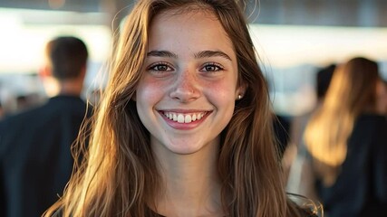 Smiling young woman amongst a crowd