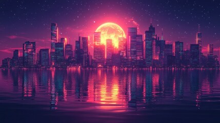 Fototapeta premium Vibrant city skyline at night with a crimson moon reflected in the water