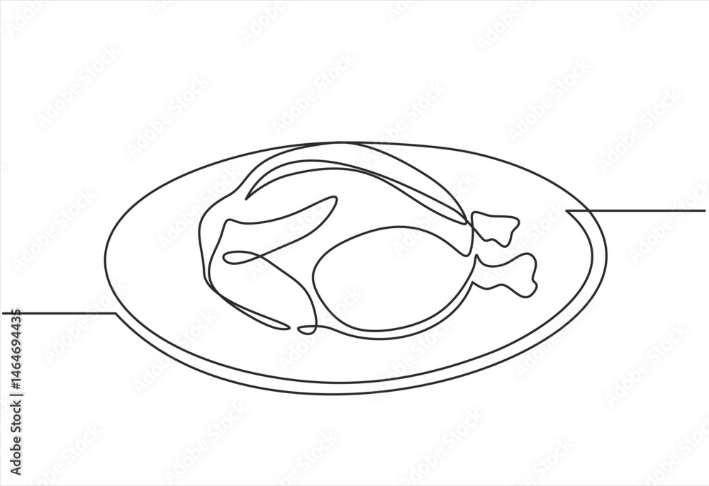 Poster roasted chicken in one continuous line drawing. thanksgiving greeting card in simple linear style. f