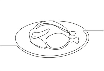 Roasted chicken in one continuous line drawing. Thanksgiving greeting card in simple linear style. Fall harvest in editable stroke. Doodle vector illustration. Editable stroke.