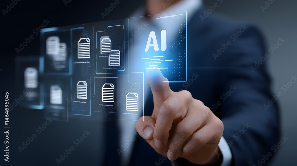 Poster a businessman interacting with a virtual ar dashboard featuring multiple floating document icons lab