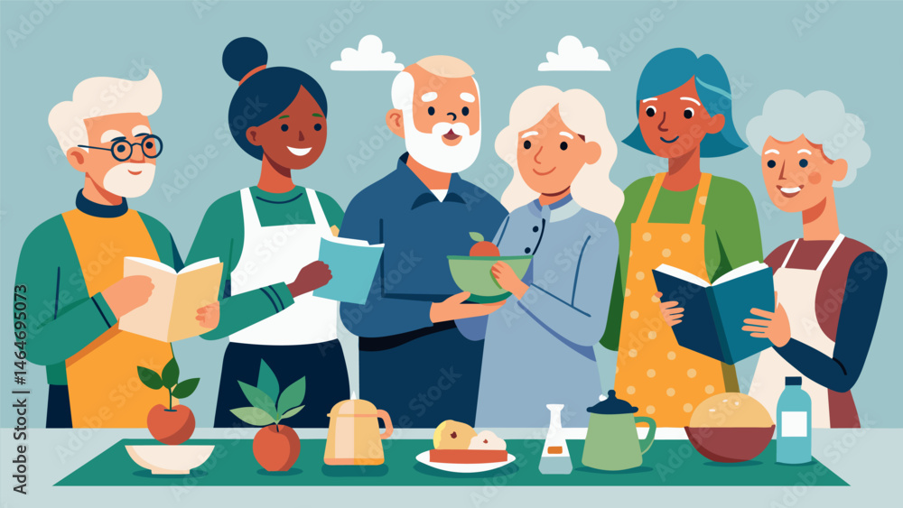 Poster a group of retirees stay active and social by attending regular interactive cooking and snacking cla