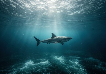 Obraz premium Great White Shark Swimming in Deep Ocean
