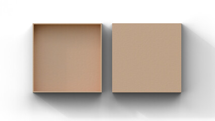 Cardboard box with lid mock up isolated. Empty square box mockup with lid isolated on blue background. Empty box with lid 3d illustration. Opened cardboard box with lid.