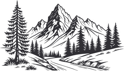 Fototapeta premium Hand drawn line art mountain design. Mountains and pine trees illustration. Minimalist line art of mountains and pine trees