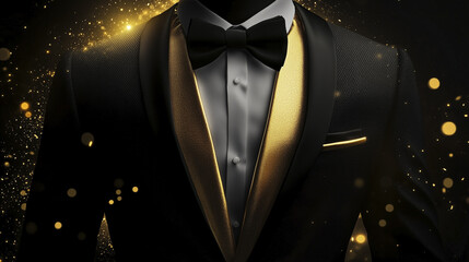 A man in a black tuxedo with gold lapels and a bow tie, set against a dark background with golden sparkles.