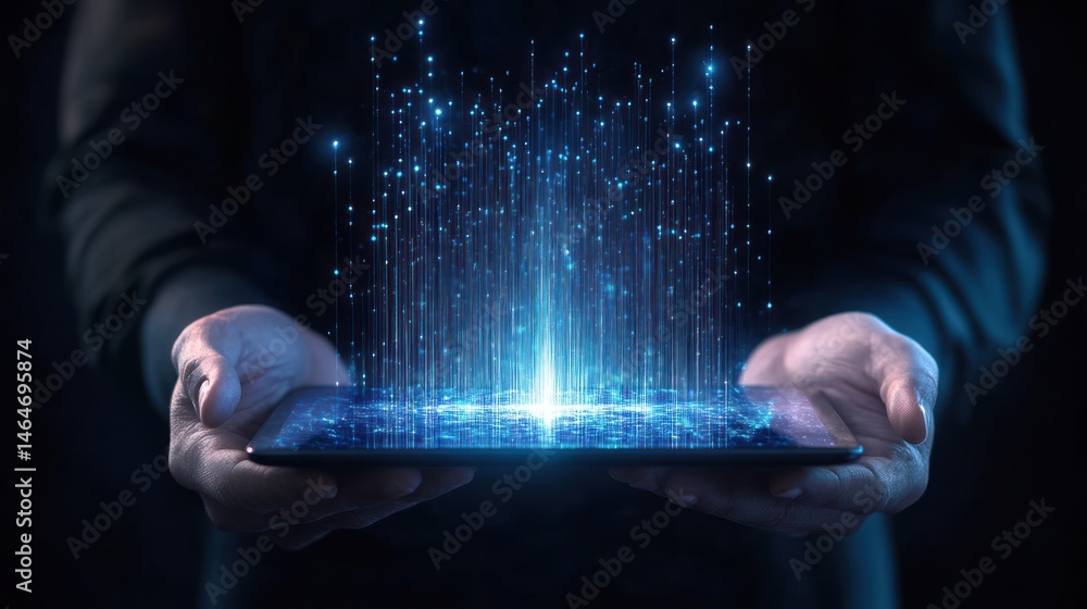 Poster digital data stream emerging from tablet futuristic technology concept