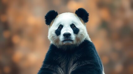 Obraz premium Panda vector design with blurred bokeh background, natural earth tones, browns and beiges, sharp subject focus, soft background, muted colors