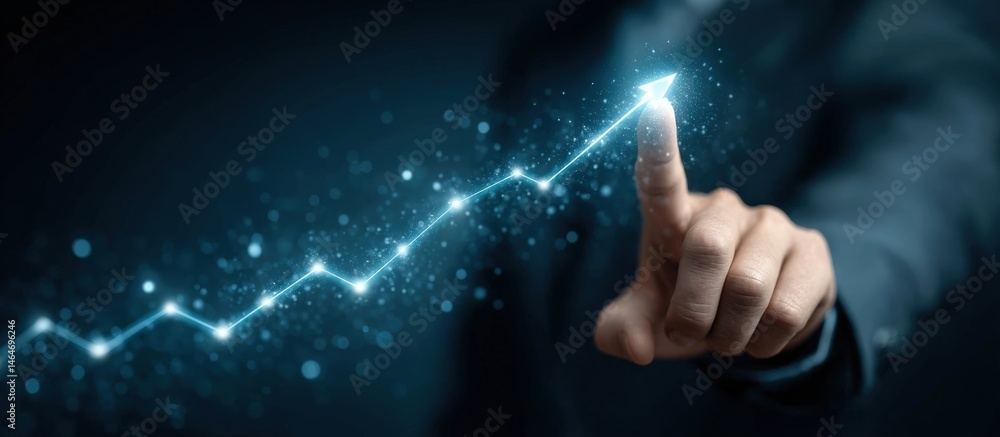 Poster businessman touching growth graph with light effect to symbolize financial success and progress in c