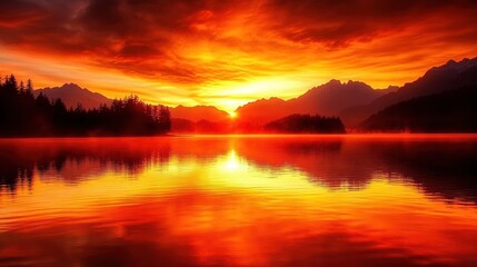 Naklejka premium Fiery sunrise over a tranquil lake
