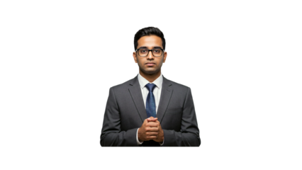 Professional business man in suit portrait confident pose isolated on black background for corporate website on transparent background