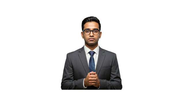 Professional business man in suit portrait confident pose isolated on black background for corporate website on transparent background
