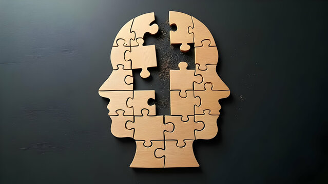 Human Head Silhouette of Wooden Puzzle Pieces with Brain Area of Misfit Connections and Dust-Collecting Gaps