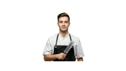 Professional chef holding knife in kitchen for culinary arts cooking food preparation and restaurant work on transparent background