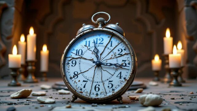 An old, cracked alarm clock sits surrounded by lit candles and scattered fragments in a dimly lit, atmospheric setting.