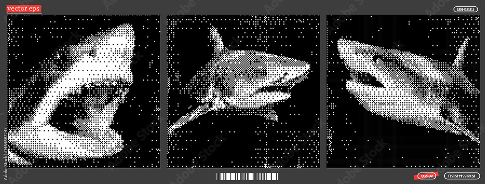 Poster this compelling artwork features three distinct representations of a shark, each rendered in a uniqu