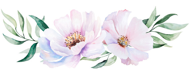Fototapeta premium Watercolor bouquet with pink peony flowers and leaves, pastel romantic wedding isolated illustration