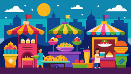 A colorful array of food stalls enticing festivalgoers to gather and indulge in a variety of flavors and cuisines.. Vector illustration