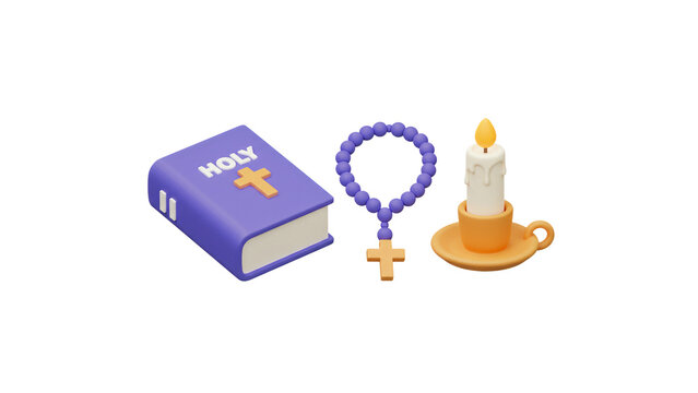 Holy book rosary and candle still life illustration for religious faith and spiritual practice concept on transparent background - Powered by Adobe