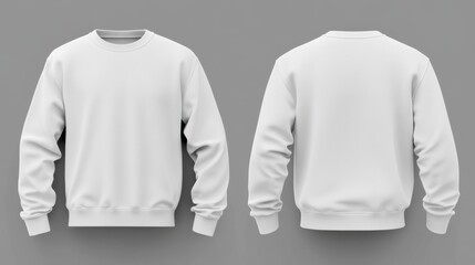 Two views of a white sweatshirt showcasing front and back designs against a grey background studio shot