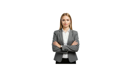 Professional businesswoman portrait in grey suit with arms crossed isolated on black background studio shot on transparent background