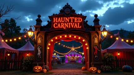 A spooky haunted carnival entrance glows at dusk, decorated with pumpkins, lights, and eerie figures, inviting guests to a festive Halloween event.