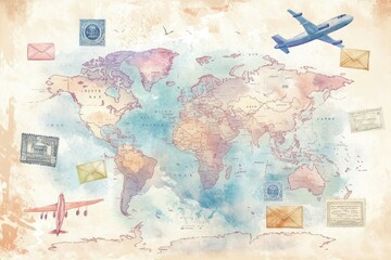 Naklejka premium Vintage World Map with Envelopes and Airplanes