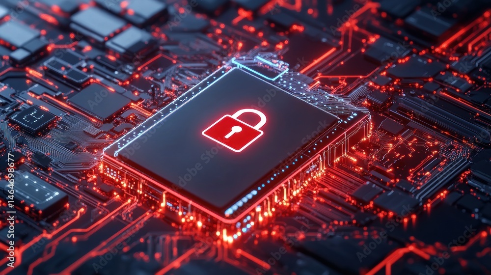 Poster cybersecurity data protection red padlock on circuit board