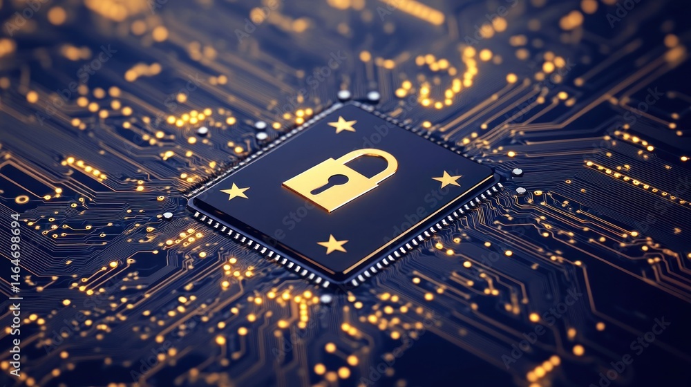 Poster golden padlock on circuit board data security and technology concept
