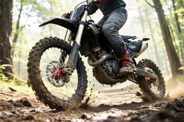 Fototapeta premium close-up view of a dirt bike tire kicking up dust on a rustic trail surrounded by lush greenery primer plano de un neumático moto de cross levantando polvo sendero rústico rodeado exuberan motosiklet