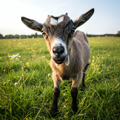 Adorable Baby Goat in Green Pasture: Farm Animal Photography