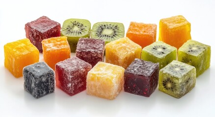Colorful fruit-flavored cubes, various colors, including orange, red, green, and purple. Kiwi slices are visible amidst the cubes