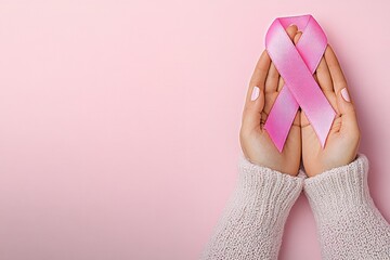 Hands holding a pink ribbon, symbolizing breast cancer awareness.  A soft pink background complements the image