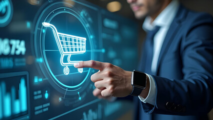 Businessman with Smartwatch Touching 3D Shopping Cart Icon Emerging from Curved Analytics Dashboard