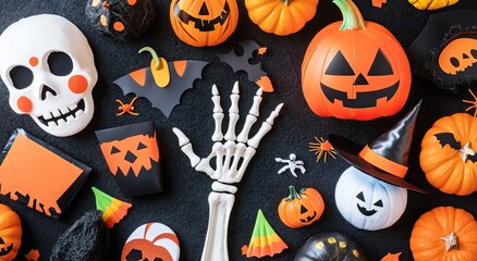 Halloween themed flat lay display.  Various decorations, including pumpkins, skulls, bats, skeleton hand, and witch hats, arranged on a dark background