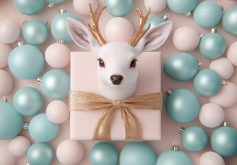 Festive gift box with a white deer head, surrounded by pastel ornaments