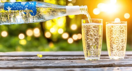 Sparkling water being poured into two glasses on a wooden table outdoors, bathed in golden sunlight.  The background is a blurred garden with bokeh effect