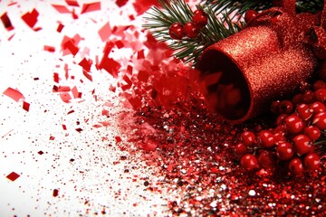 Festive red Christmas decorations with confetti and glitter.  Red bell, berries, and pine boughs