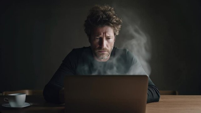 Worried man working remotely with smoke from overheating laptop at home