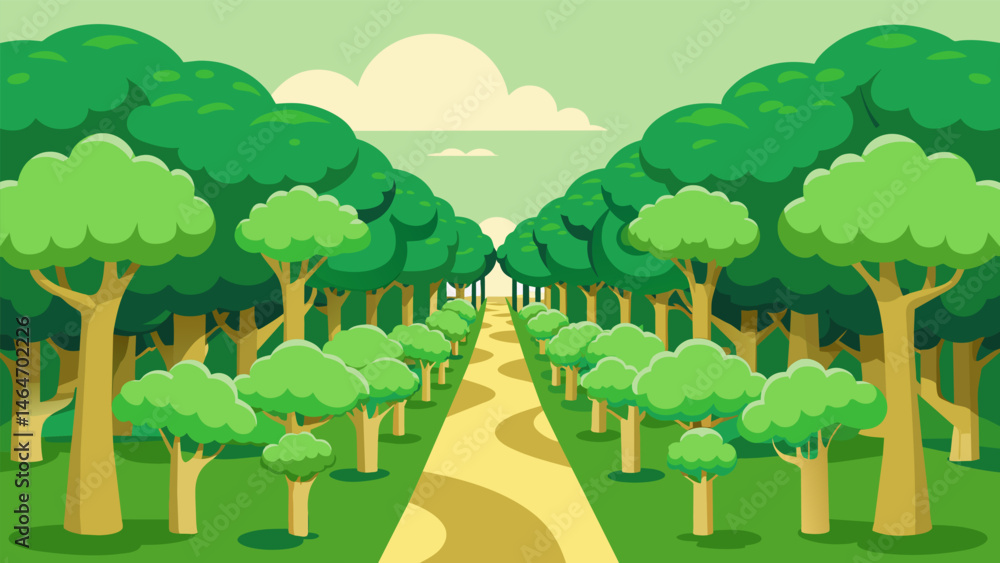 Poster a dense green forest of broccoli trees with a creamy dip path ting through the middle.. vector illus
