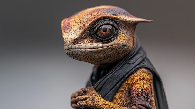 Close-up of a lizard-like creature, detailed and ornate.  It has a textured skin, expressive eyes and a cloak-like garment