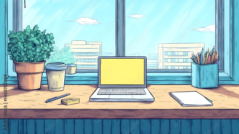 Poster a laptop is on a desk with a window in the background