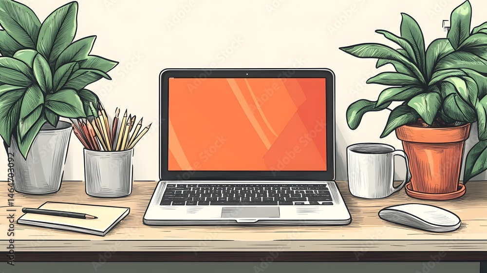 Poster a computer monitor sits on a desk with a plant in front of it